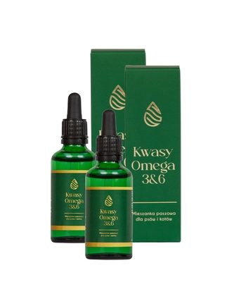 Lab-v Kwasy Tłuszczowe Omega 3 i 6 stosowane na ogólną poprawę stanu zdrowia oraz sierści i skóry dla psów i kotów 2x50ml