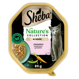 SHEBA Nature’s Collection tacka 22x85 g – mokra karma pełnoporcjowa dla dorosłych kotów, kawałki z łososiem przybranym groszkiem, w sosie