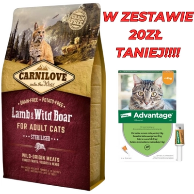 CARNILOVE Cat Lamb & Wild Boar Sterilised 6kg + Advantage - dla kotów (0,4mlx4) *roztwór* blister