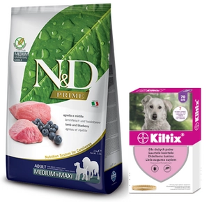 FARMINA N&D Prime canine LAMB & BLUEBERRY ADULT MEDIUM&MAXI KARMA SUCHA 12kg + BAYER Kiltix Obroża dla psów dużych dł, 70cm