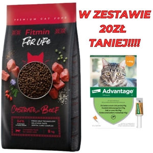 FITMIN Cat For Life Castrate  Beef 8kg + Advantage - dla kotów (0,4mlx4) *roztwór* blister