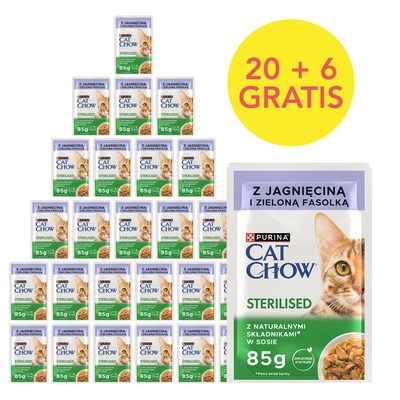 CAT CHOW Sterilised Karma dla kotów z jagnięciną i zieloną fasolką w sosie 85g Saszetka 20+6 GRATIS