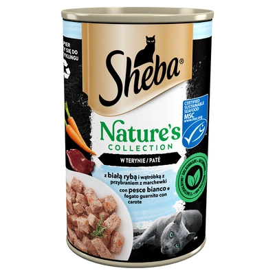 SHEBA puszka 400 g Nature's Collection – mokra pełnoporcjowa karma dla dorosłych kotów, z białą rybą i wątróbką z przybraniem z marchewki, w terynie