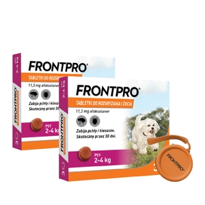 Frontpro tabletki na pchły i kleszcze S 11,3mg 2-4kg x 3tabl x 2 opakowania + Silikonowe etui na smakołyki dla psa GRATIS!