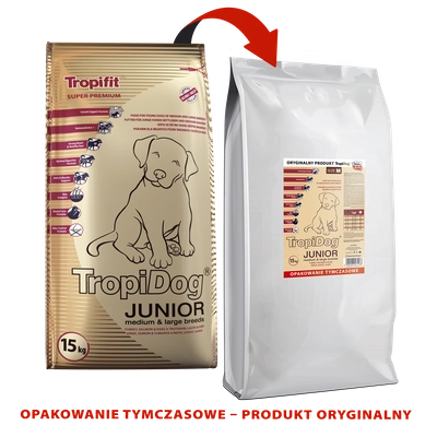 TROPIDOG Super Premium junior medium & large breed indyk, łosoś i jajka 15kg opakowanie uszkodzone (2729) 
