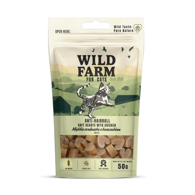 WILD FARM anti-hairball miękkie serca z kurczaka 50g przysmak dla kota
