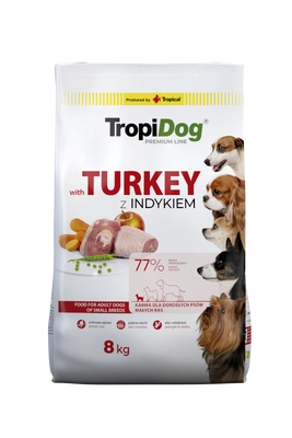 TROPIDOG Premium Adult Small Breeds z indykiem i ryżem 8kg opakowanie uszkodzone (4709)