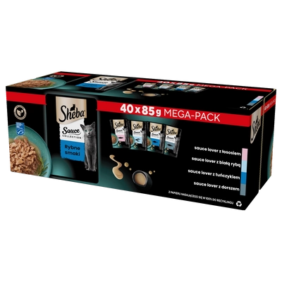  SHEBA Sauce Collection Rybne Smaki saszetki 40x85 g – mokra karma pełnoporcjowa dla dorosłych kotów, w sosie 