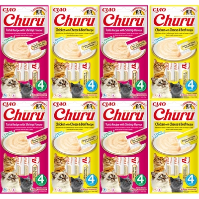 INABA  Churu przysmak dla kota o smaku tuńczyka i krewetki 4x(4x14g)+INABA Churu przysmak dla kota o smaku kurczaka, sera i wołowiny 4x(4x14g)
