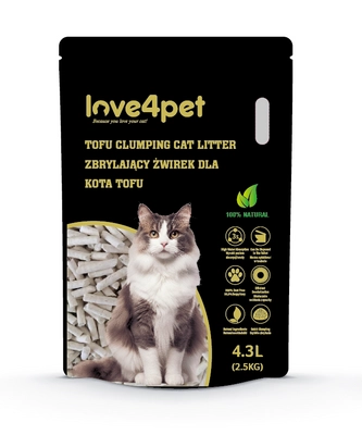 Cat Sand Love4pet Żwirek zbrylający dla kota tofu 2kg 4,3L / Opakowanie uszkodzone (7389,7501,8207) !!! 