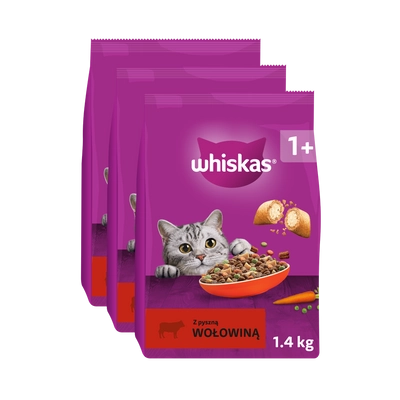 WHISKAS Adult 3x1,4 kg - sucha karma pełnoporcjowa dla dorosłych kotów, z pyszną wołowiną