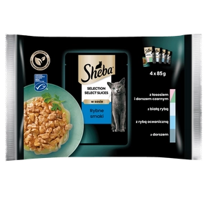 SHEBA Selection Select Slices Rybne Smaki saszetki 4x85 g – mokra karma pełnoporcjowa dla dorosłych kotów, w sosie (kawałki z: łososiem i dorszem czarnym, białą rybą, rybą oceaniczną, dorszem)