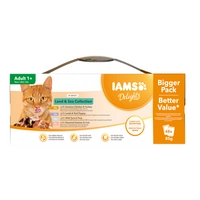 IAMS-karma w saszetkach Delights dla dorosłych kotów – z wyborem karm mięsnych i rybnych w sosie 48x85g