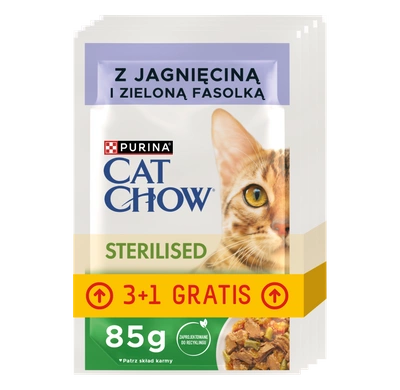 CAT CHOW Sterilised Karma dla kotów z jagnięciną i zieloną fasolką w sosie 4x85g (3+1 GRATIS)