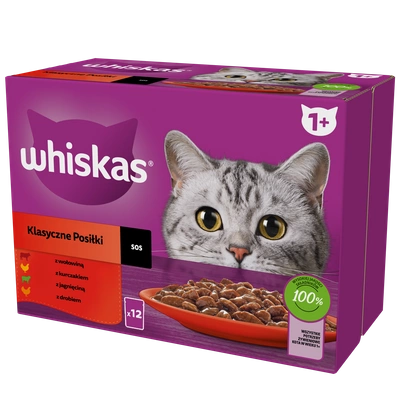 WHISKAS Adult saszetki 12 x 85 g Klasyczne Posiłki - mokra karma dla dorosłego kota, w sosie (kawałki z: wołowiną, kurczakiem, jagnięciną, drobiem)