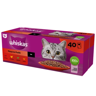 WHISKAS Adult saszetki 160 x 85 g Klasyczne Posiłki - mokra karma dla dorosłego kota, w sosie (kawałki z: wołowiną, kurczakiem, jagnięciną, drobiem)