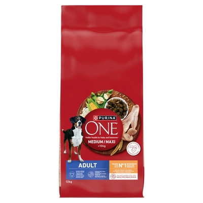 PURINA ONE Adult Medium/Maxi Karma dla dorosłych psów bogata w kurczaka z ryżem 12 kg
