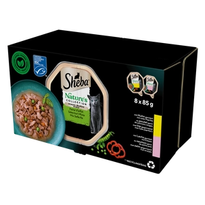 SHEBA Nature’s Collection Wybór Smaków tacki 8x85 g – mokra karma pełnoporcjowa dla dorosłych kotów, w sosie (kawałki z: kurczakiem przybranym czerwoną papryką, łososiem przybranym groszkiem)