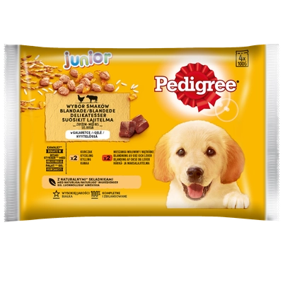 PEDIGREE Junior saszetka 4x100 g - Wybór Smaków z Ryżem w Galaretce, mokra karma pełnoporcjowa dla rosnących psów (kawałki bogate w kurczaka oraz kawałki bogate w mieszankę wołowiny i wątróbki)