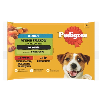 PEDIGREE Adult saszetka 4x100 g - Wybór Smaków z Marchewką w Sosie, mokra karma pełnoporcjowa dla dorosłych psów (kawałki bogate w mieszankę wołowiny i jagnięciny oraz kawałki bogate w indyka)