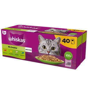WHISKAS Adult saszetki 40 x 85 g Mix Smaków - mokra karma dla dorosłego kota, w galaretce (kawałki z: wołowiną, kurczakiem, łososiem, tuńczykiem)