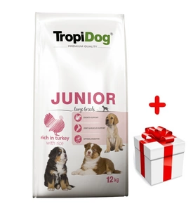 TROPIDOG Premium Junior L bogaty w indyka i ryż 12kg + niespodzianka dla psa GRATIS!