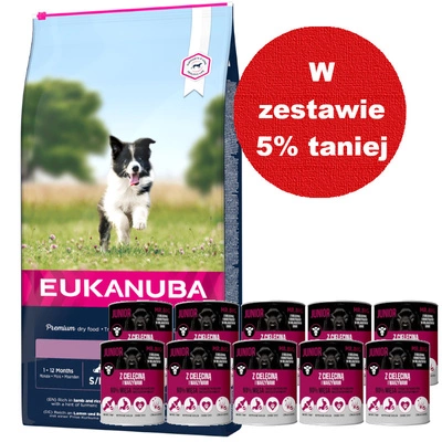 EUKANUBA Puppy&Junior Small/Medium Lamb&Rice 12kg + Mr.BIG Junior kawałki w sosie z cielęciną 10x400g