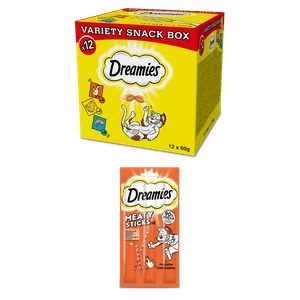 DREAMIES™ Variety Snack Box – karma uzupełniająca dla kotów (z kurczakiem, z serem i o smaku łososia) - 12x60g + DREAMIES 30g – karma uzupełniająca dla dorosłych kotów, z pysznym kurczakiem GRATIS