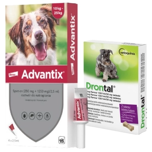 Advantix - dla psów 10-25kg (4 pipety x 2,5ml) + Drontal - Dog flavour 2tabl. (kostki)