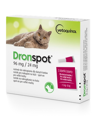 VETOQUINOL Dronspot Roztwór Do Nakrapiania Dla Dużych Kotów od 5kg do 8kg 30mg/7,5mg (2x1,12ml)