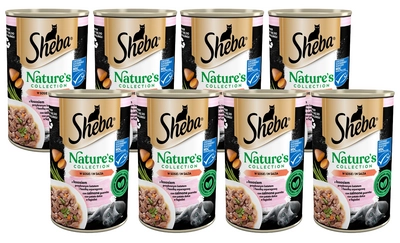 SHEBA puszka 12x400g Nature's Collection – mokra pełnoporcjowa karma dla dorosłych kotów, z łososiem przybranym batatem i fasolką szparagową, w sosie