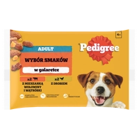 PEDIGREE Adult saszetka 4x100 g - Wybór Smaków w Galaretce, mokra karma pełnoporcjowa w galaretce dla dorosłych psów (kawałki bogate w mieszankę wołowiny i wątróbki oraz kawałki bogate w drób)
