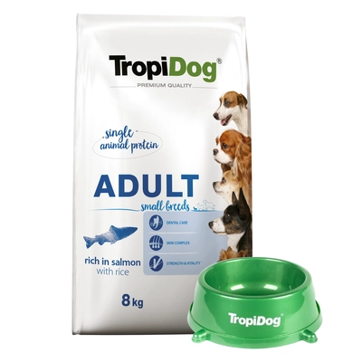 TROPIDOG Premium Adult Small Breeds bogaty w łososia i ryż 8kg + Miska mała GRATIS!!