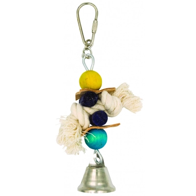 Panama Pet wisząca zabawka z drewna, skóry i sznurka, z dzwonkiem 17 cm