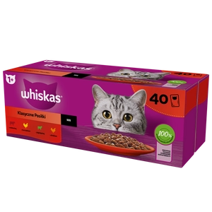 WHISKAS Adult saszetki 40 x 85 g Klasyczne Posiłki - mokra karma dla dorosłego kota, w sosie (kawałki z: wołowiną, kurczakiem, jagnięciną, drobiem)