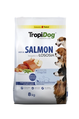 TROPIDOG Premium Adult Small Breeds bogaty w łososia i ryż 8kg 