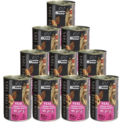 Super Beno PIES bezzbożowe kąski z cielęciną, wątróbką drobiową i sercami drobiowymi w sosie 10x415g