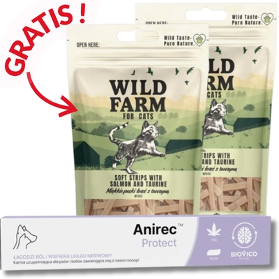 BIOVICO Anirec Protect 15ml pasta CBD olej konopny dla psa i kota 15ml+ GRATIS WILD FARM miękkie paski łosoś z tauryną 2x50g 
