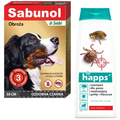 Sabunol - ozdobna czarna obroża przeciw pchłom i kleszczom dla psa 50 cm + HAPPS Szampon dla psów zwalczający pchły i kleszcze 250ml