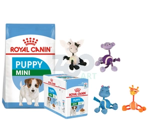 ROYAL CANIN Mini Puppy 800g + ROYAL CANIN Mini Puppy 12x85g + TRIXIE Zabawka z piłką i sznurkami w formie zwierzątek - 16cm