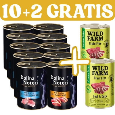 Dolina Noteci Premium dla kota bogata w jagnięcine/kaczkę 10x400g + WILD FARM Premium Grain Free 2x400g GRATIS