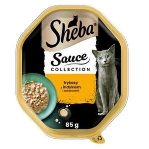SHEBA Sauce Collection tacka 85 g – mokra karma pełnoporcjowa dla dorosłych kotów, frykasy z indykiem i warzywami, w sosie