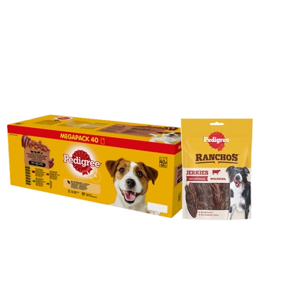 PEDIGREE Adult saszetka 40x100 g - Mix Smaków w Sosie, mokra karma pełnoporcjowa dla dorosłych psów + PEDIGREE® Ranchos™ Superfoods z wołowiną, jagodami i pełnym ziarnem 70g GRATIS 