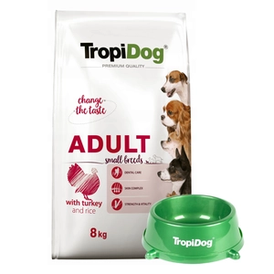 TROPIDOG Premium Adult Small Breeds z indykiem i ryżem 8kg + Miska mała GRATIS!!