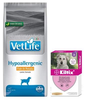 FARMINA Vet Life Dog Hypoallergenic Fish & Potato 12kg +  Kiltix Obroża dla psów dużych dł 70cm