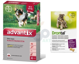 Advantix - dla psów 10-25kg (4 pipety x 2,5ml) + Drontal - Dog flavour 2tabl. (kostki)