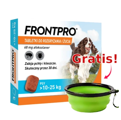  Frontpro tabletki na pchły i kleszcze L 68mg 10-25kg x 3tabl + Silikonowa miska GRATIS!