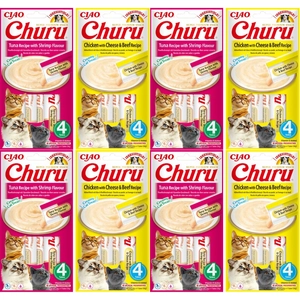 INABA  Churu przysmak dla kota o smaku tuńczyka i krewetki 4x(4x14g)+INABA Churu przysmak dla kota o smaku kurczaka, sera i wołowiny 4x(4x14g)