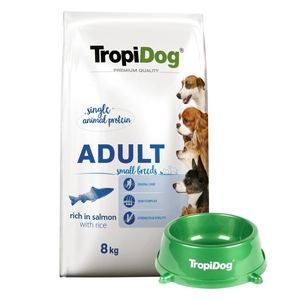 TROPIDOG Premium Adult Small Breeds bogaty w łososia i ryż 8kg + Miska mała GRATIS!!