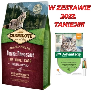 CARNILOVE Cat Duck & Pheasant Hairball Control 6kg + Advantage - dla kotów (0,4mlx4) *roztwór* blister